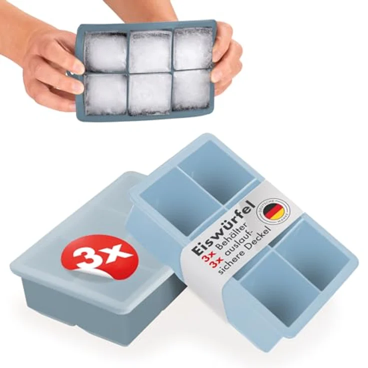 Blumtal Eiswürfelformen Silikon 3er Set, 6er Eiswürfelform mit Deckel, BPA-frei, lebensmittelecht, Graublau + Graublau + Hellblau – Bild 1