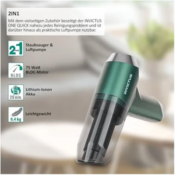 Genius Invictus One Quick Akku Handstaubsauger 3 in 1, kabellos, 75 Watt BLDC-Motor, Mini Autostaubsauger, Beutellos, für Auto, Küche, Tastatur – Bild 4