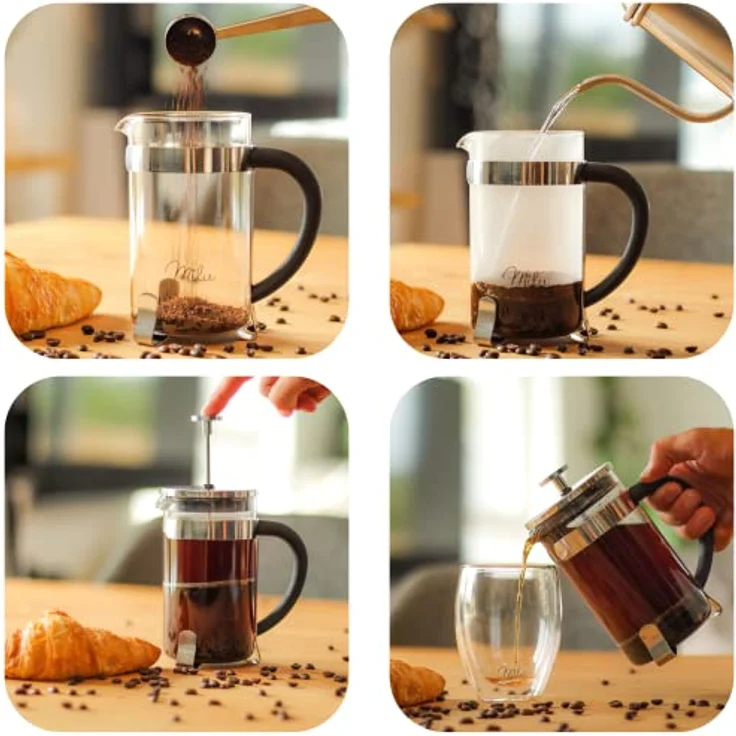 Milu French Press Kaffeebereiter | 350ml, 600ml, 1L | Glas Kaffeepresse, Kaffeezubereiter für Zuhause Reisen Camping inkl. Untersetzer, Löffel, Ersatzfilter (Edelstahl, 600ml (3 Tassen) – Bild 2