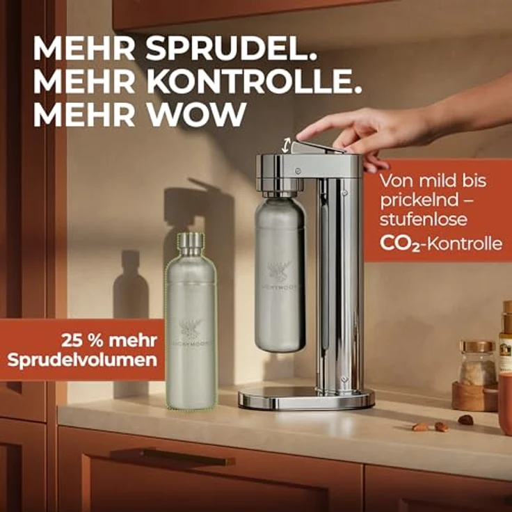 Luckymoose Infinity-S Wassersprudler aus Edelstahl (Silver/Silver) – inkl. 2x 1,25L Edelstahlflaschen, stufenlose CO₂-Regulierung, hygienische herausnehmbare Düse – Bild 3