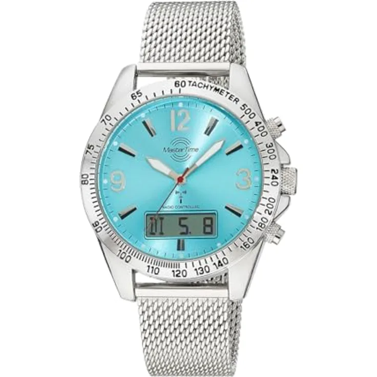 Master Time MTGA-10963-32M, Funk Quarz Herren Uhr Analog-Digital mit silberfarbenem Edelstahl-Milanaisearmband und türkisfarbenem Zifferblatt, Big Date Funktion, 5 Bar wasserdicht