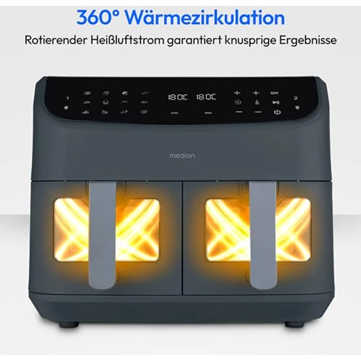 Medion® Heißluftfritteuse MD11760, 2600 W, mit 2 Garzonen, Touch-Sensor-Bedienfeld, grau – Bild 3