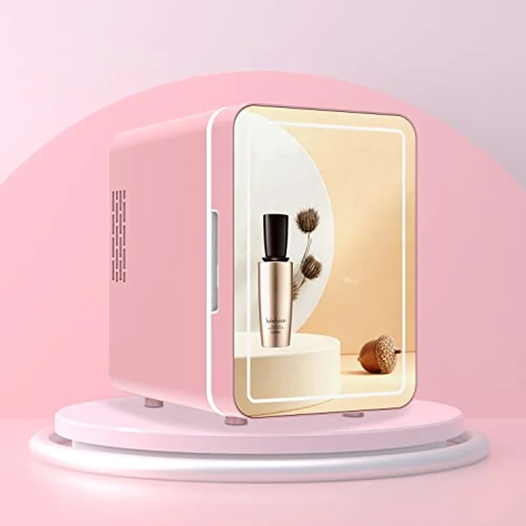 Olvy Kosmetik Kühlschrank 4 Liter, Tragbarer Mini Kühlschrank mit LED Spiegel, Kühl und Heiß, Rosa – Bild 2