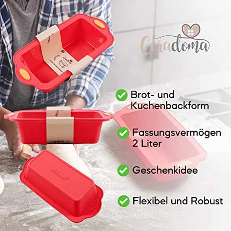 Coradoma Silikon Backform Rechteckig inkl. Rezept | Silikonform zum Brot Backen | Brotbackform 1000g Brottopf Set Springform Kastenform Kuchen | Brotform & Kuchenform – Bild 3
