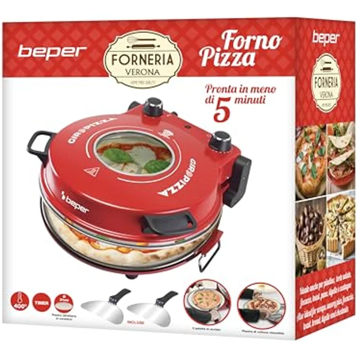 Beper P101CUD301 Pizzaofen mit Bullauge, 400°C, 31 cm Keramikplatte, 5 Kochstufen, 15-Minuten-Timer, wärmeisolierte Griffe, Edelstahlpaddel – Bild 9