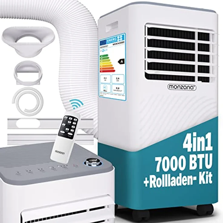 Monzana® Klimaanlage MZKA2000, mobile 3in1 Kühl- und Luftentfeuchtungsanlage mit 7000 BTU, 750W, 24h Timer, Fernbedienung und Rollladenkit für Räume bis 25qm – Bild 1
