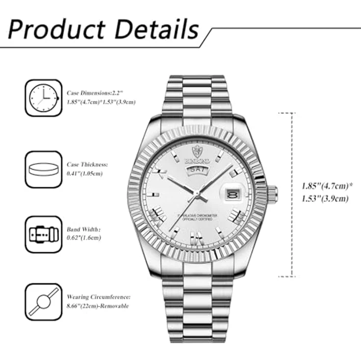 JewelryWe Herrenuhr Edelstahl mit Leuchtzeigern, 30m wasserdicht, analoges Quarzwerk, Woche & Datum, silbernes Edelstahlarmband mit römischen Ziffern – Bild 3