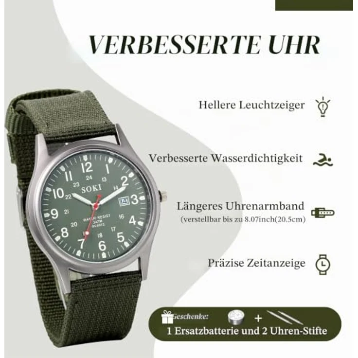JewelryWe Militär Uhr Herren, Analog Quarz mit 12/24H, Datum und Leuchtzeigern, Armeegrün Nylon Armband, 10m wasserdicht – Bild 3