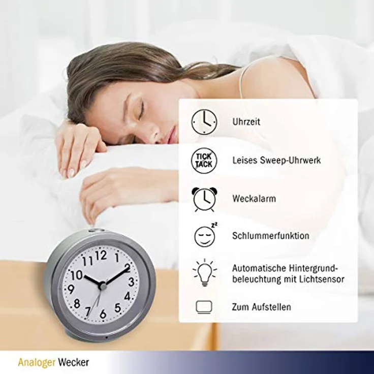 TFA Dostmann Quarzwecker TFA 60.1034, analoger Wecker mit lautlosem Sweep Uhrwerk und sanfter Nachtbeleuchtung – Bild 3