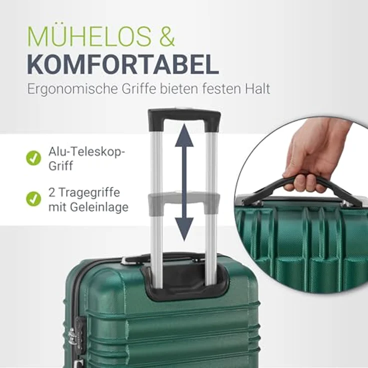 Juskys Hartschale Kofferset Reisekoffer 3-teilig, Zahlenschloss, geräuscharme 360° Rollen, Teleskopgriff, leicht, dunkelgrün – Bild 3