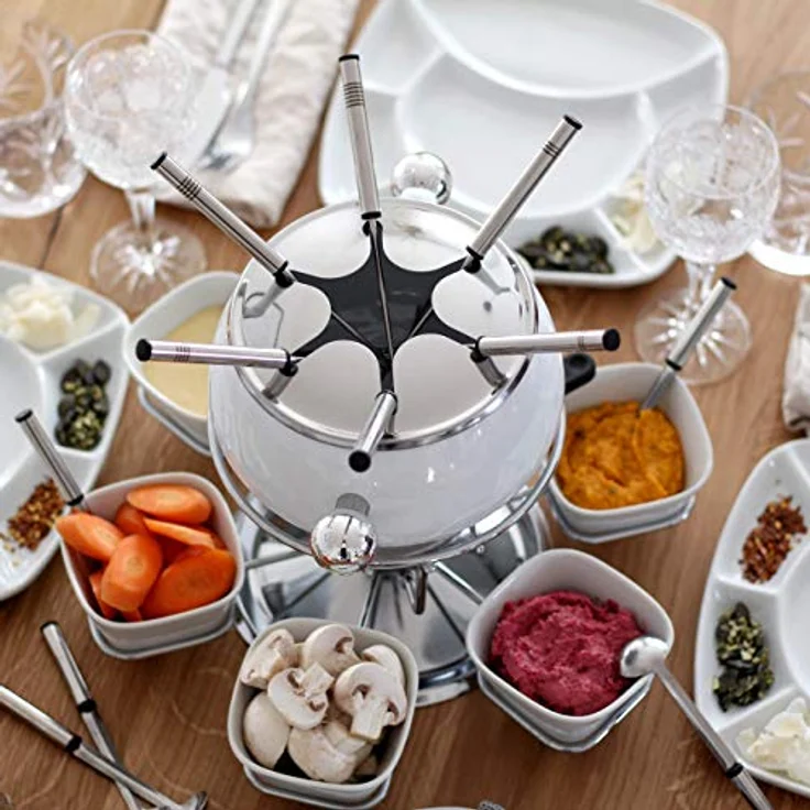 Mäser 931228 Fondue-Set 28-teilig, weißer Fonduetopf inklusive Spritzschutz, Fonduegabeln, Schälchen und Fondueteller für 6 Personen – Bild 3