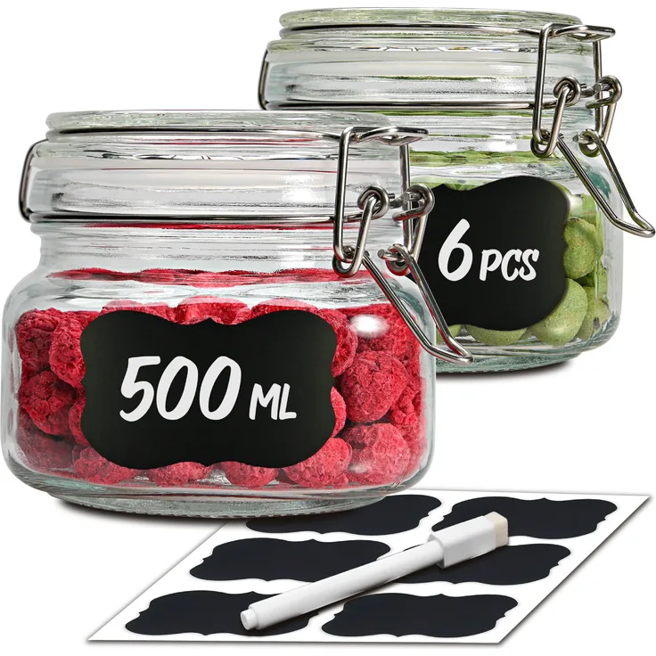 Niboline 6 Einmachgläser mit Bügelverschluss 500ml - Luftdicht, mit Etiketten, Stift und extra Silikondichtungen - Eckige Form, spülmaschinenfest