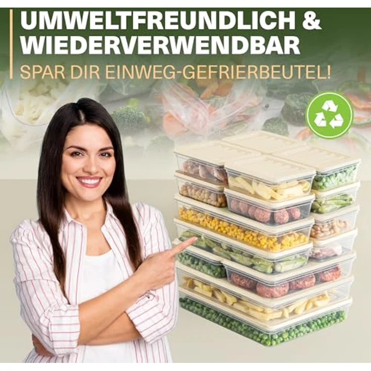 VIWARES Stapelbare Gefrierdosen 16er Set, Lebensmittel Organizer Beige, frostfest bis -25°C, wiederverwendbare Frischhaltedosen für Kühlschrank und Gefrierschrank – Bild 5