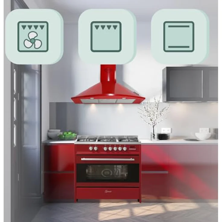 Gurari Gas Standherd 90 cm in Rot GCH E 911 R + Grillplatte Gasherd mit Elektrobackofen 121 L | Range Coocker 5 Kochzonen 3,8 kW WOK Freistehender Gasherd Propangas/Erdgas – Bild 4