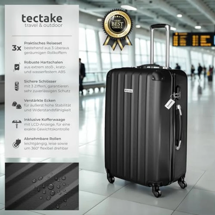 tectake Premium 3er Kofferset Talia, 3-teilig aus robustem ABS-Kunststoff, inkl. Kofferwaage und -anhänger, in Schwarz – Bild 3
