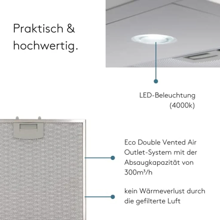 Wiggo Dunstabzugshaube 60cm I Wandhaube für Abluft oder Umluft Dunstabzug 300m³/h mit LED-Beleuchtung & 3 Leistungsstufen I Wandhaube inkl. Fettfilter & 2x Kohlefilter I Abzugshaube Weiß – Bild 3