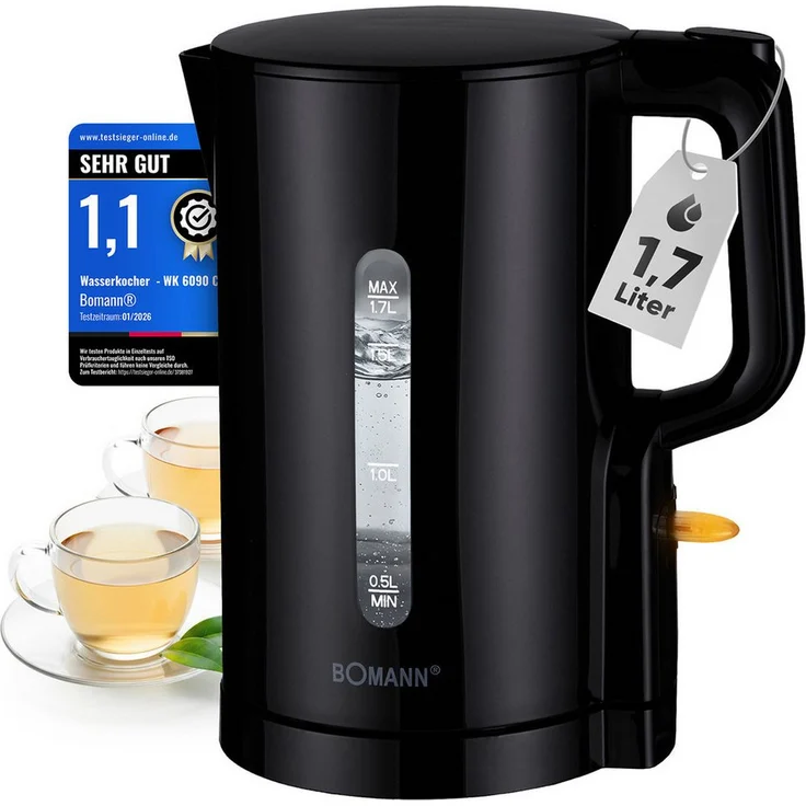 BOMANN Wasserkocher WK 6090 CB, 1,7L, 2200W, Sicherheitsklappdeckel mit Einhandbedienung und kabelloser Technik