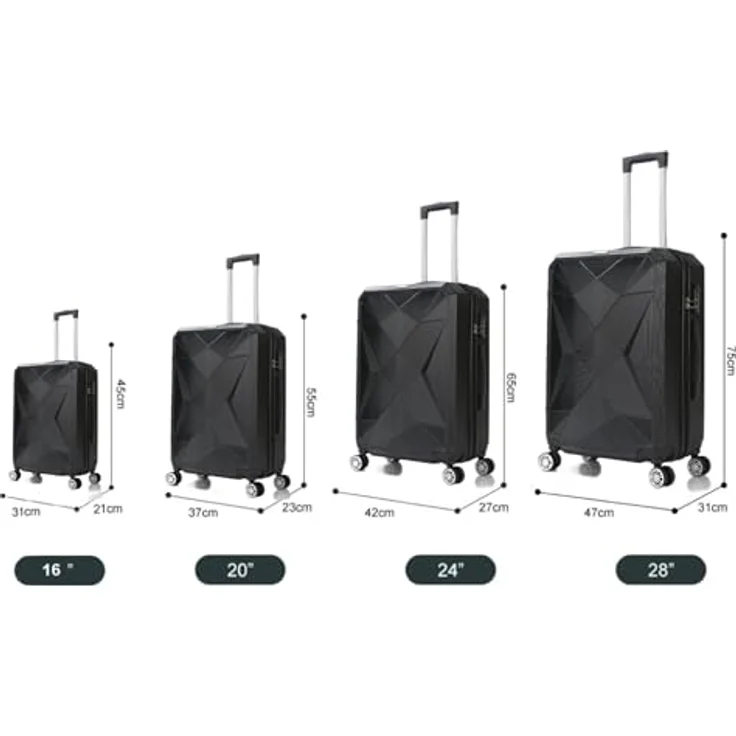 COFI 1453 4 tlg Reisekoffer Koffer Hartschale Trolley Set Kofferset Handgepäck Gepäck Reisetasche Schwarz, mit 360° Doppelrollen und Teleskopgriff – Bild 2