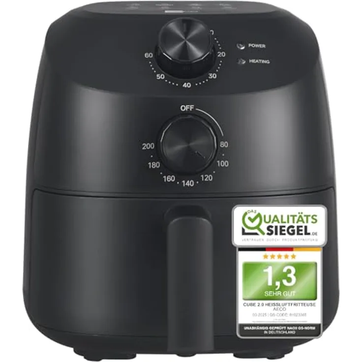 aeco Cube 2.0 Mini Airfryer – Kompakte Heißluftfritteuse, 2L, 5 Kochfunktionen, Timer, Antihaft, BPA-frei