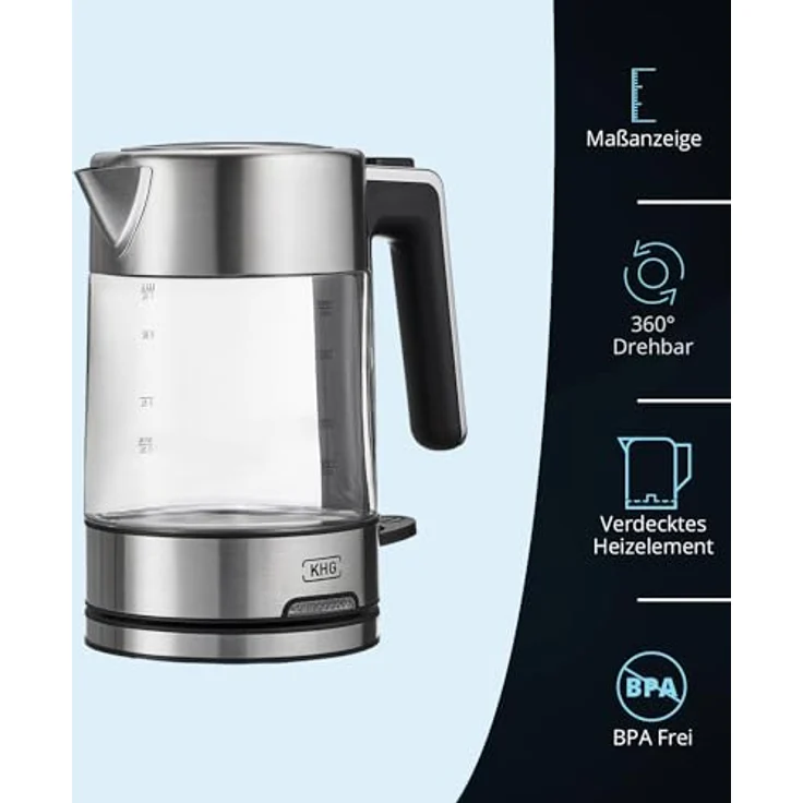 KHG Wasserkocher WK-106 GE, Glas, 1 Liter, 2200 Watt, abwaschbarer Kalkfilter, Wasserstandsanzeige, Trockengehschutz, BPA-frei – Bild 3