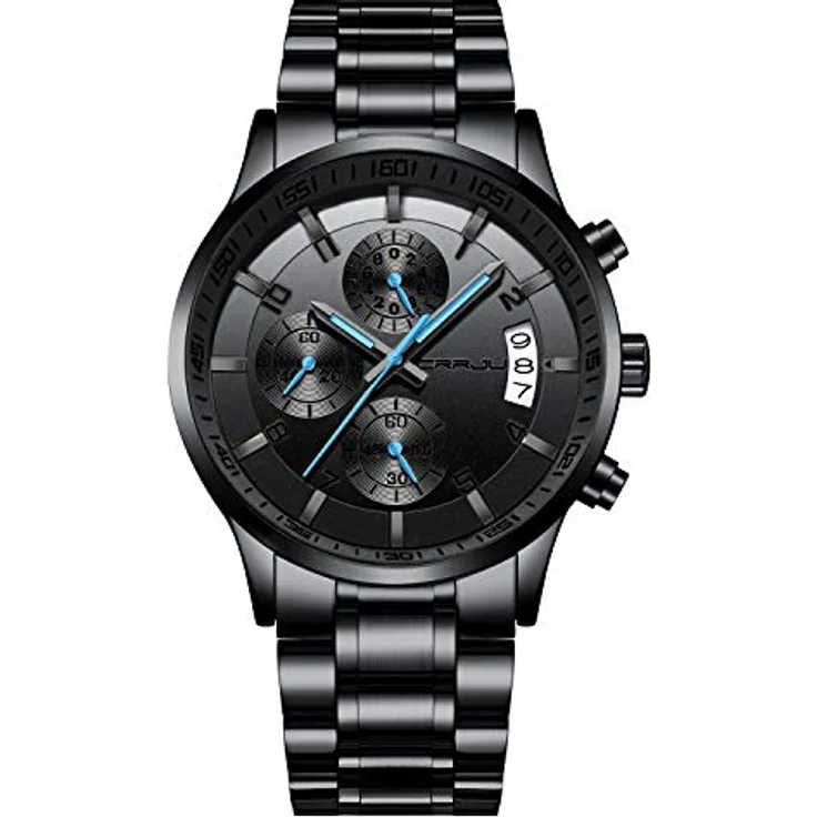 CRRJU Herren Chronograph Armbanduhr, wasserdicht mit Edelstahlarmband und Kalender, schwarz-blau – Bild 1