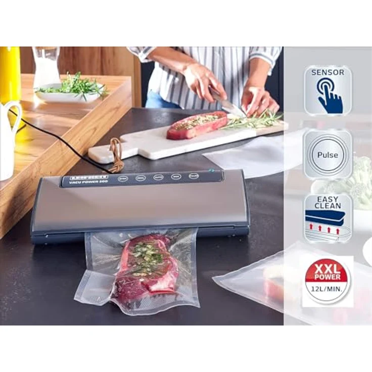 Leifheit Vakuumiergerät Vacu Power 500, Vakuumierer mit doppelter Schweißnaht, Lebensmittel bleiben 5x länger frisch, ideal zum Sous-Vide-Garen, Folienschweißgerät inkl. 10 Vakuumierbeuteln 20x30cm – Bild 4