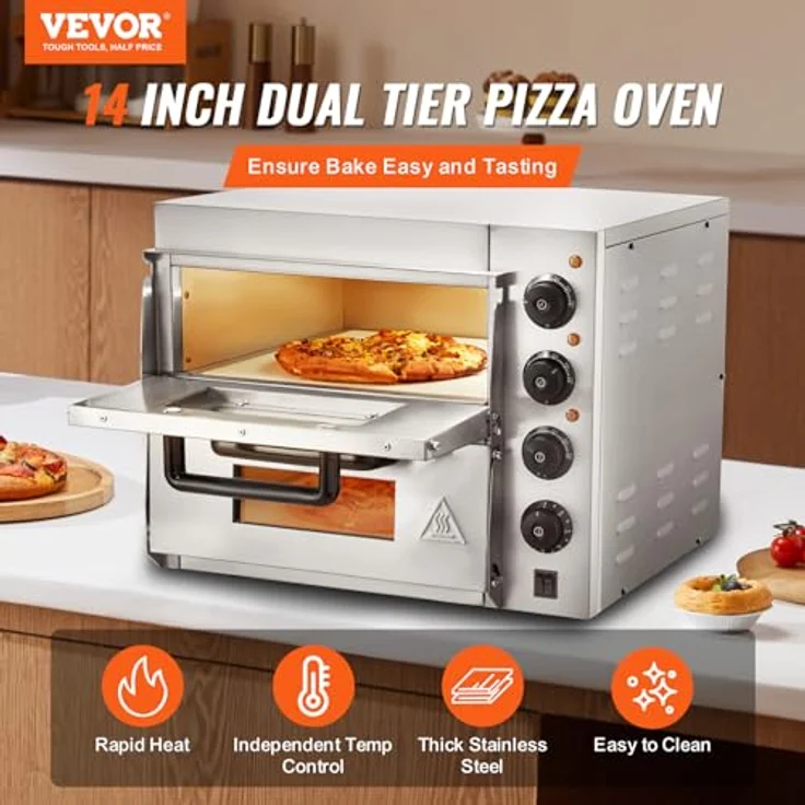 VEVOR Kommerzieller Pizzaofen Backofen 2-lagig 356 mm, elektrischer Pizzaofen aus Edelstahl mit vier Drehknöpfen, Mehrzweck-Pizzamaker Indoor, Silber – Bild 2