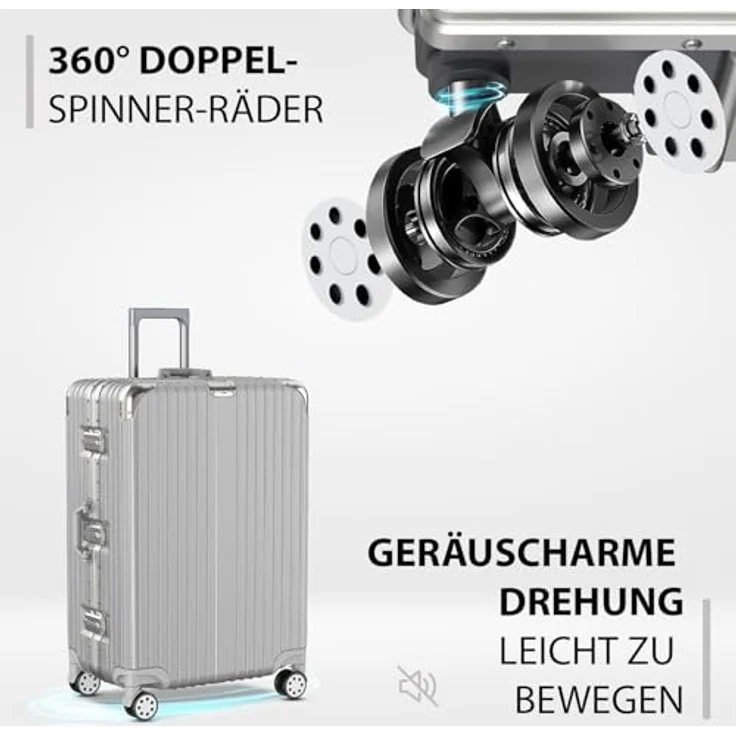 Voyagoux Koffer - 72L Hartschalenkoffer, Aluminium, TSA-Schloss, 4X Airwheel-System Rollen, Leichtgewicht, Silber, 66x42x26cm – Bild 4