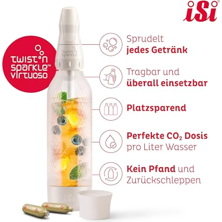 iSi Twist'n Sparkle Virtuoso Wassersprudler 0.95L – Soda Maker für Sprudelwasser, Säfte & Cocktails mit rutschfester Silikon Hülle – platzsparendes Design, Made in Austria – Bild 5