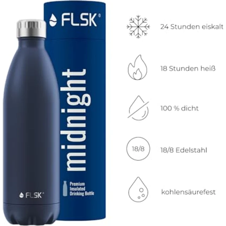 FLSK Edelstahl Trinkflasche, 1000 ml, auslaufsicher, kohlensäuregeeignet, 24 Std. kalt & 18 Std. heiß, midnight – Bild 3