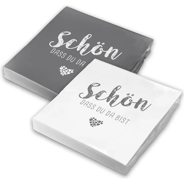 itenga Servietten Schön dass du da bist, 3-lagig, 30x30cm, 40 Stück in Grau und Weiß für Kommunion, Konfirmation, Hochzeit und andere Feiern – Bild 1