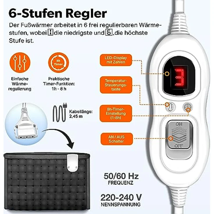 sinnlein Fußwärmer mit 6 Temperaturstufen & Timer | Fußheizung elektrisch | Überhitzungsschutz & Abschaltautomatik – Bild 3