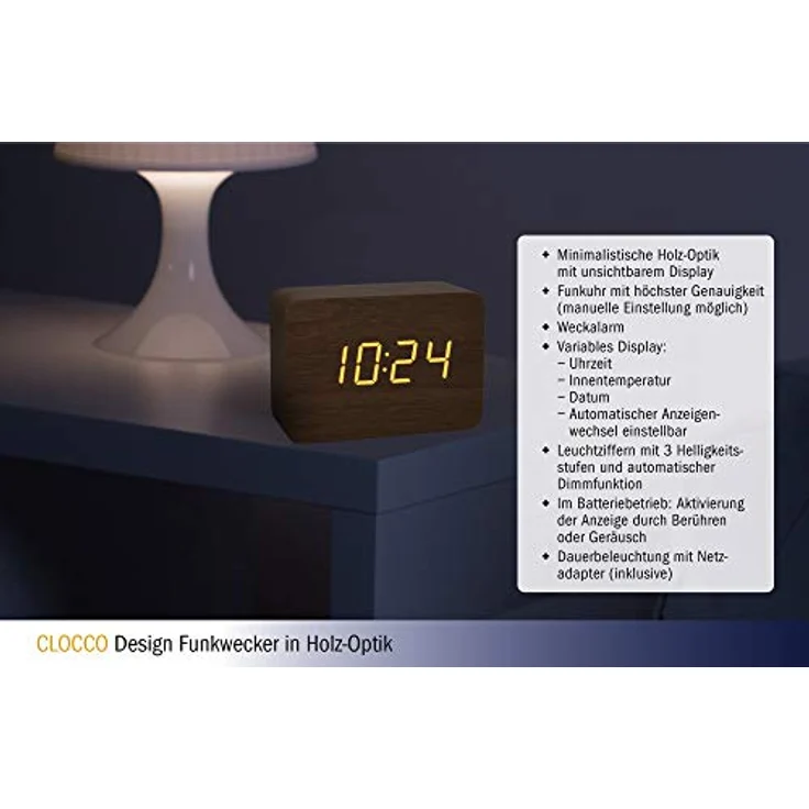 TFA Dostmann Funkwecker Design Funk-Wecker in Holz-Optik Clocco TFA 60.2549 mit Leuchtziffern und automatischer Dimm-Funktion – Bild 6