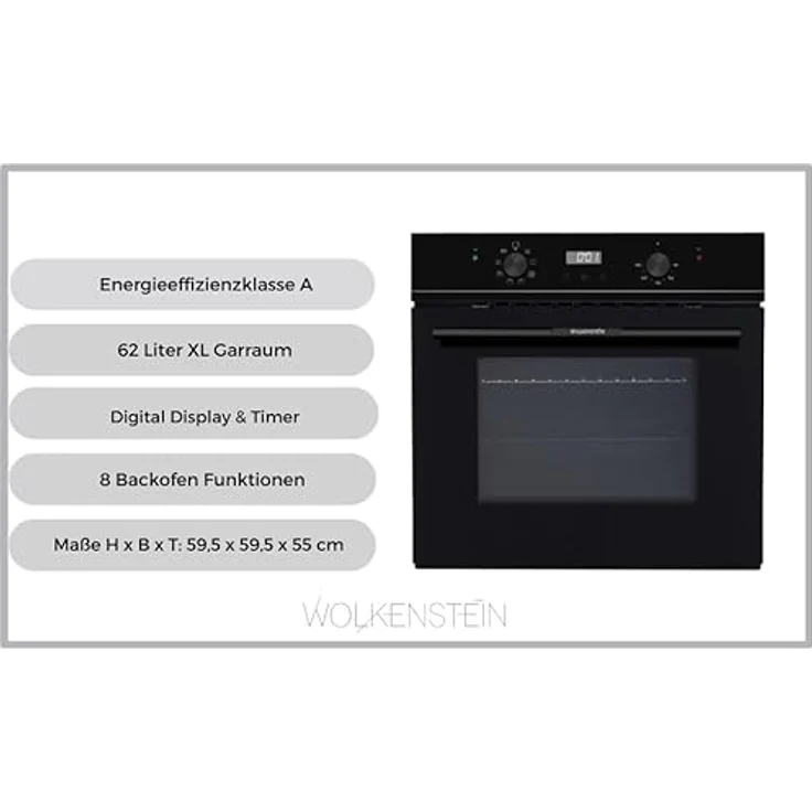 Wolkenstein Einbaubackofen WMO 80 XL 62L 8 Funktionen Grill & Umluft Eco-Funktion A, Edelstahl – Bild 3