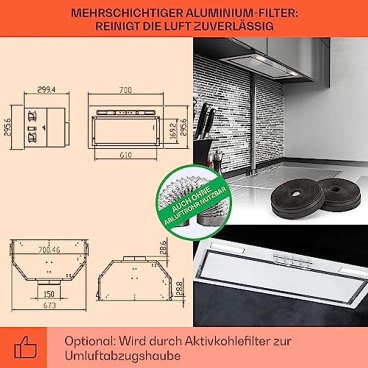 Klarstein Dunstabzugshaube 70cm, Abluft-Dunstabzugshaube mit Spülmaschinenfestem Aluminium Filter, Leise Abzugshaube für Abluft, 508 m³/h Luftstrom, Wandhauben mit LEDs, Dunstabzug zur Wandmontage – Bild 5