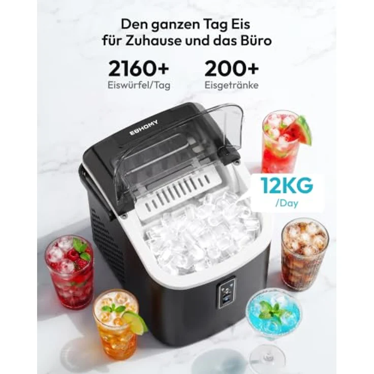 EUHOMY Eiswürfelmaschine Edelstahl, silber, 9 Eiswürfel in 6 Minuten, selbstreinigend, 1,2 Liter Tank – Bild 3