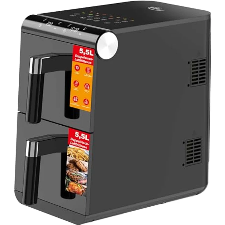 Elta Heißluftfritteuse Vertikal Doppelstock, 1700 W, 11 L Dual Zone XXL mit 2 unabhängigen Fächern und Touchscreen – Bild 2