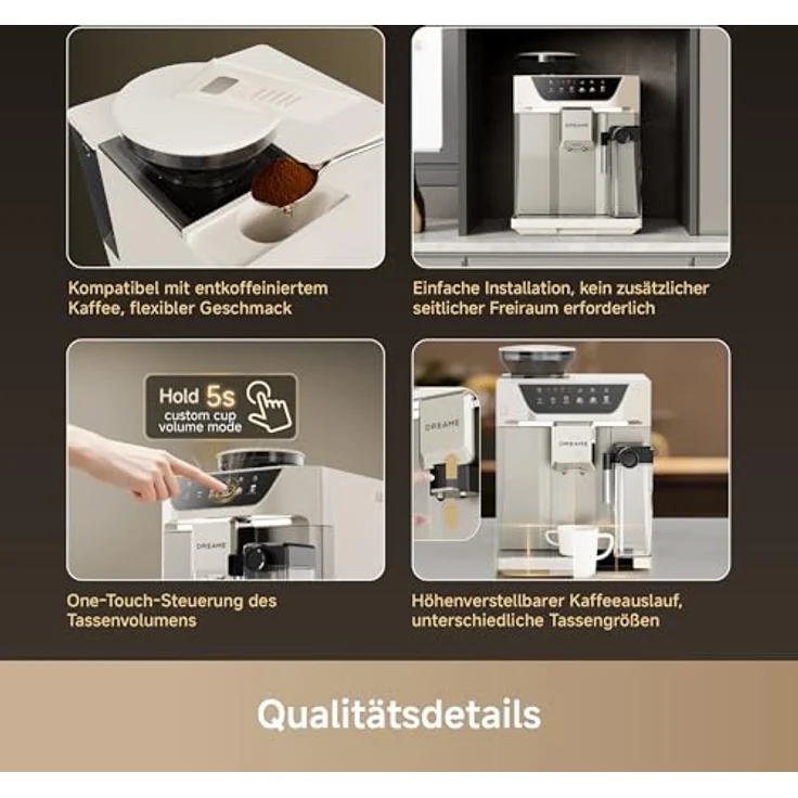 Dreame Ecceluxe™ Master FCM60, Espressomaschine mit intelligenter Mahlwerk, 19 Bar Druck, 6 Getränkeoptionen, abnehmbare Brüheinheit, selbstreinigend, Cremefarbe – Bild 12