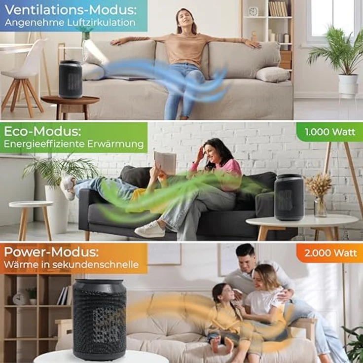KLAMER Heizlüfter 2000 W, PTC Keramik Heizlüfter energiesparend, 3 Heizstufen inkl. Eco, 9 Std Timer, Kippschutz, Thermosicherung, Überhitzungsschutz – Bild 6