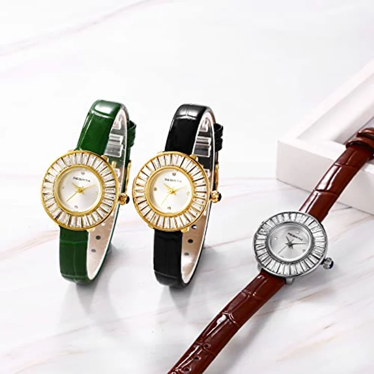 JewelryWe 3pcs Damenuhr, Analog Quarz Armbanduhr mit Kristall, Echtleder, Wasserdicht bis 30m, elegant trapezförmig, Geschenk für Frauen und Mädchen – Bild 5