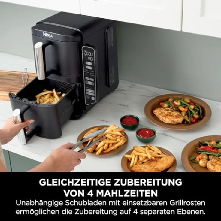Ninja Double Stack Heißluftfritteuse, 7,6 L Airfryer, Doppelkorb-Heißluftfritteuse mit 4 Kochstufen, 2 Schubladen, 2 Gestelle, platzsparendes Design, 6 Kochfunktionen, 6 Portionen, Schwarz – Bild 4