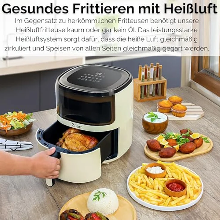 Zilan Heißluftfritteuse 5L, 1500 Watt mit digitaler Touchsteuerung und 12 Kochprogrammen, Fettfreies Frittieren ohne Öl – Bild 3