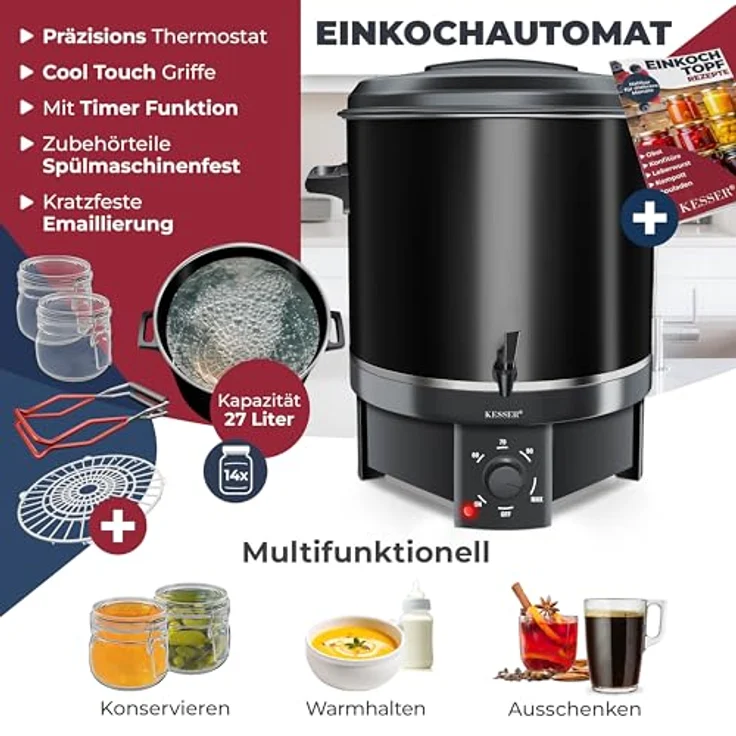 KESSER Einkochautomat 27 Liter, Edelstahl | 1800 Watt | Temperatur 30-100°C | Dauerbetrieb | Abschaltautomatik | Heißgetränkeautomat mit Zange & 2 Gläsern, schwarz – Bild 2
