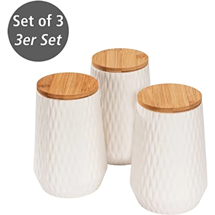 WENKO Aufbewahrungsdose Diamond, modernes 3er Set Keramik-Dosen mit Bambusdeckel und eleganter Rauten-Struktur zur Aufbewahrung in Küche oder Haushalt, Fassungsvermögen jeweils 0,6 Liter, Weiß/Braun – Bild 5