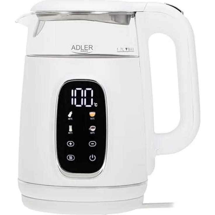 ADLER Wasserkocher AD 1200, 2200W mit Temperatureinstellung, 1,7L, 5 Temperaturprogramme, LED-Display, Touchpanel, Warmhaltefunktion, integrierter Filter und 360°-Drehbasis