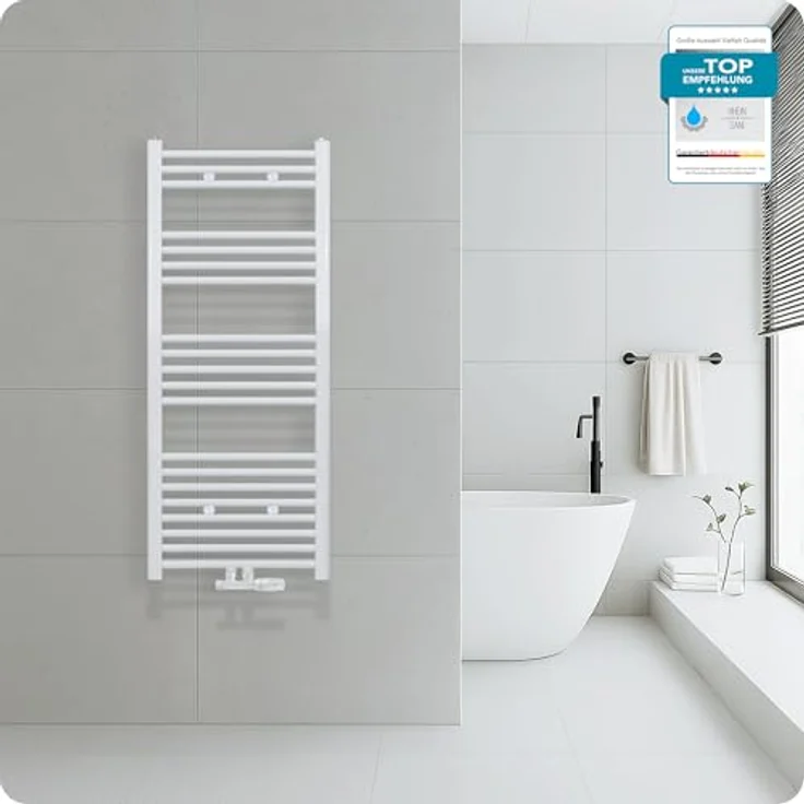 Belrad® Badheizkörper, Moderner handtuchheizkörper aus Qualitätsstahl, weiß pulverbeschichtet, wandmontagefähig & wasserbetrieben, flexible Anschlüsse, langlebig und robust – Bild 3