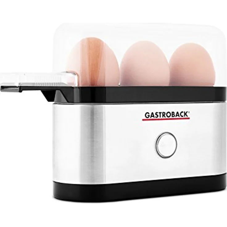 GASTROBACK #42800 Design Eierkocher Mini, für bis zu 3 Eier, inkl. Meßbecher mit Skala, 350 Watt, Schwarz, Edelstahl – Bild 5