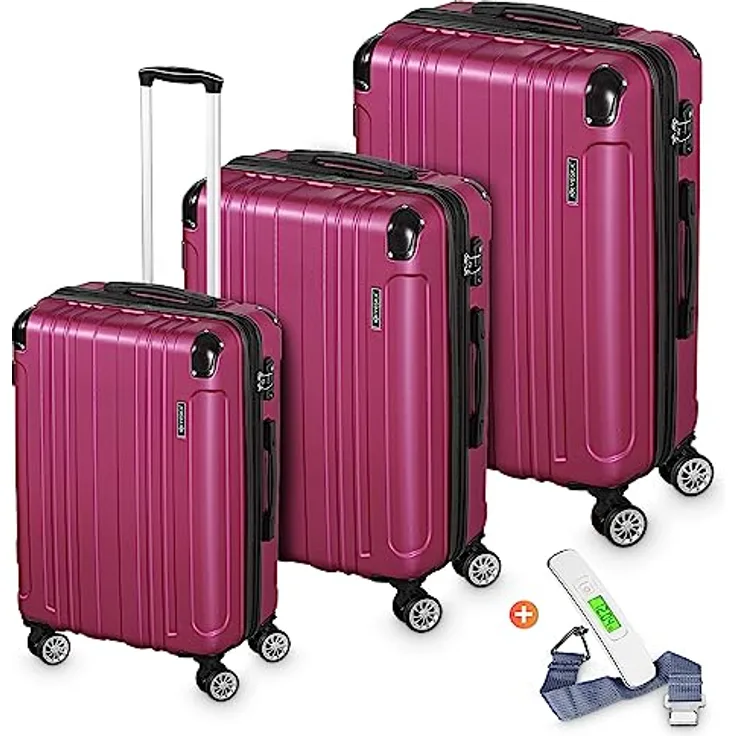 VESKA 3tlg. Hartschalenkofferset Hard Shell Reisekoffer Kofferset Trolley Koffer Hartschalenkoffer Reisekofferset Rollkoffer TSA Zahlenschloss 4 Rollen ABS-Hartschale M-L-XL (Berry)
