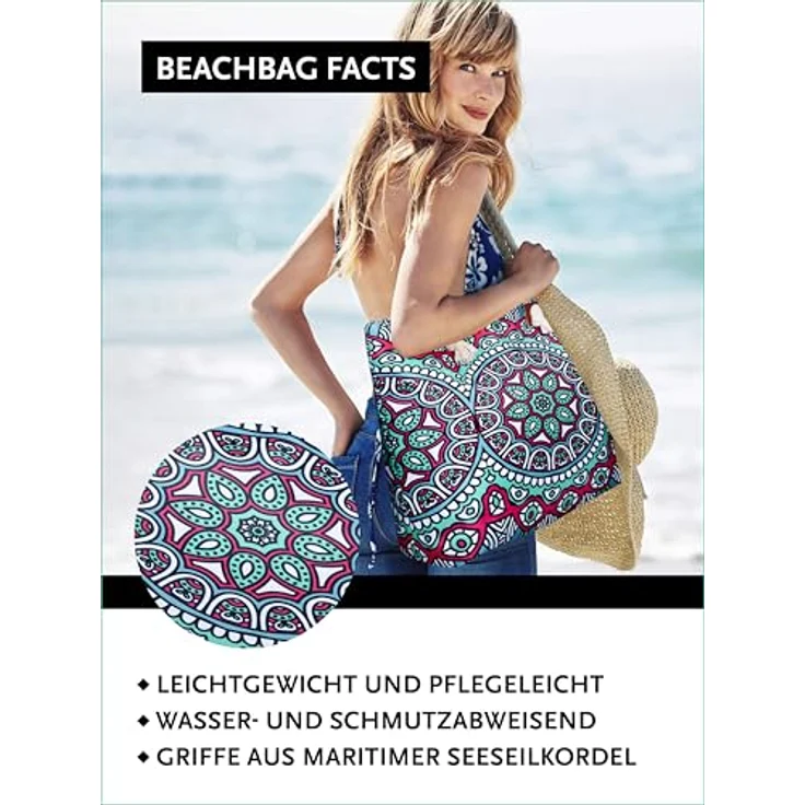 DonDon Strandtasche XXL mit Reißverschluss, praktische Shopper Tasche Damen in Indian Temple Design, 58x38x18 cm mit Innenfach und kleiner Extra-Tasche – Bild 4