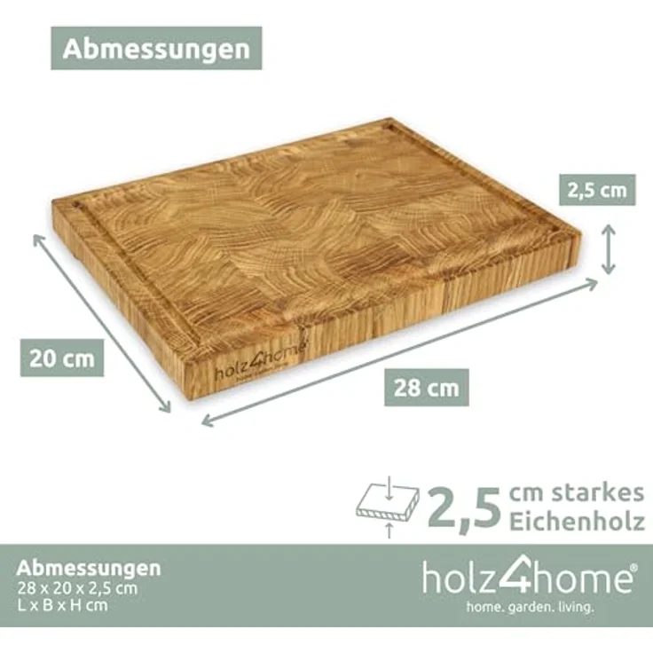 holz4home® Schneidebrett aus Eiche I Stirnholz Würfelmuster I Steakbrett 28x20x2,5 cm LxBxH I Küchenbrett mit Saftrille, Echtes Eichenholz, antibakteriell – Bild 4